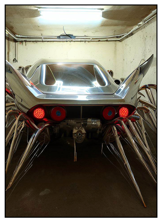 Metallic, futuristic vehicle with red lights in a dimly lit room.