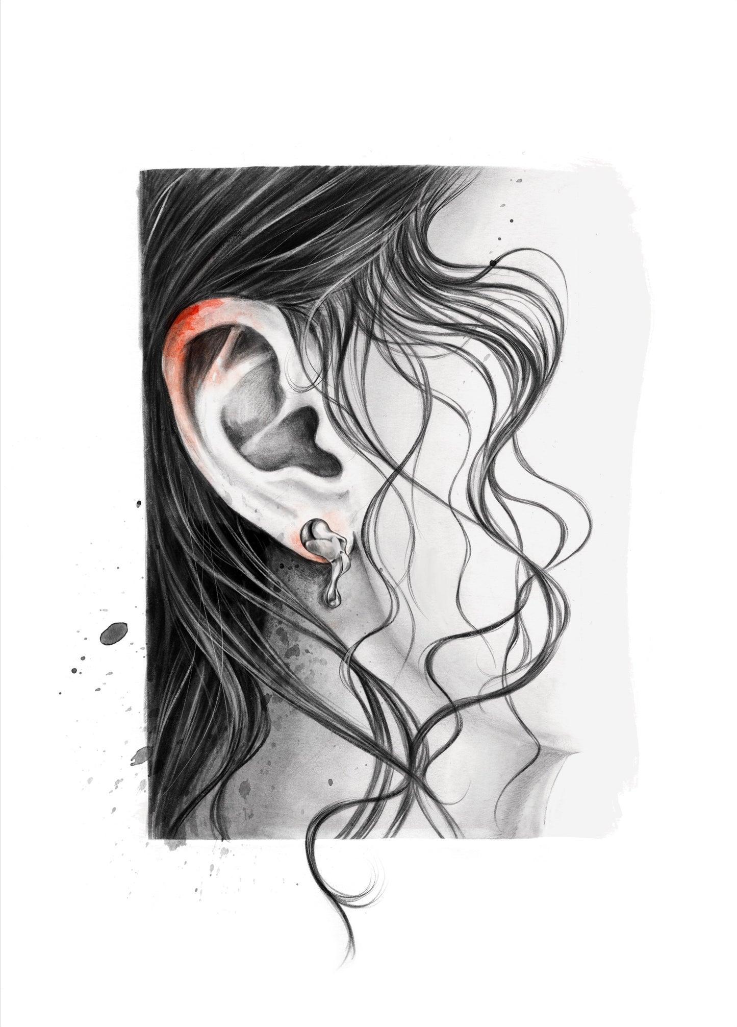 Illustration of an ear with earrings and flowing hair on a white background