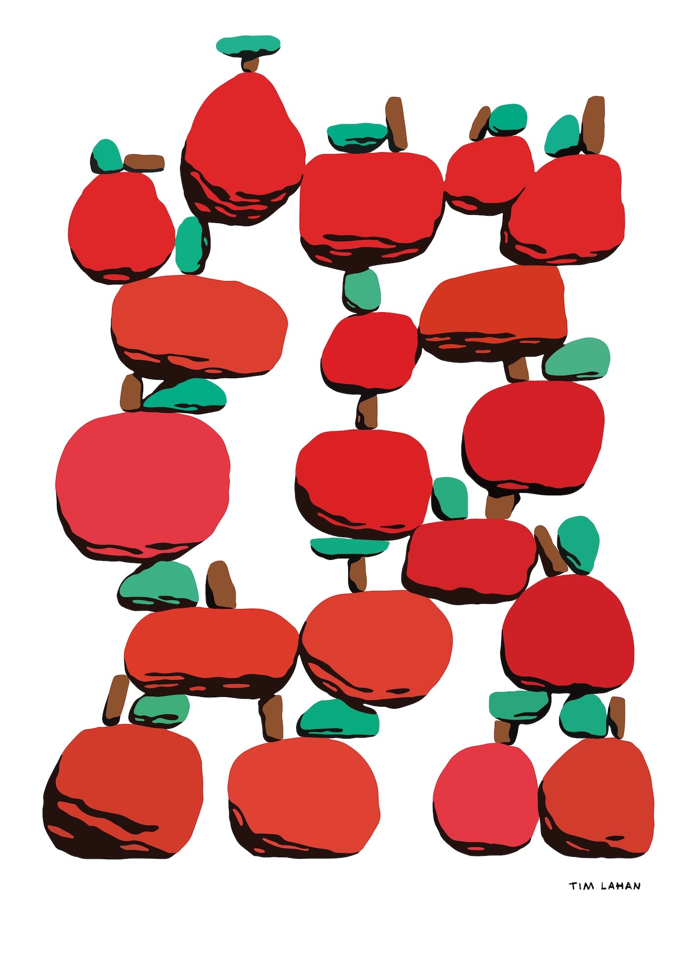 Pattern of red apples with green leaves and brown stems on a white background, artist Tim Laman.