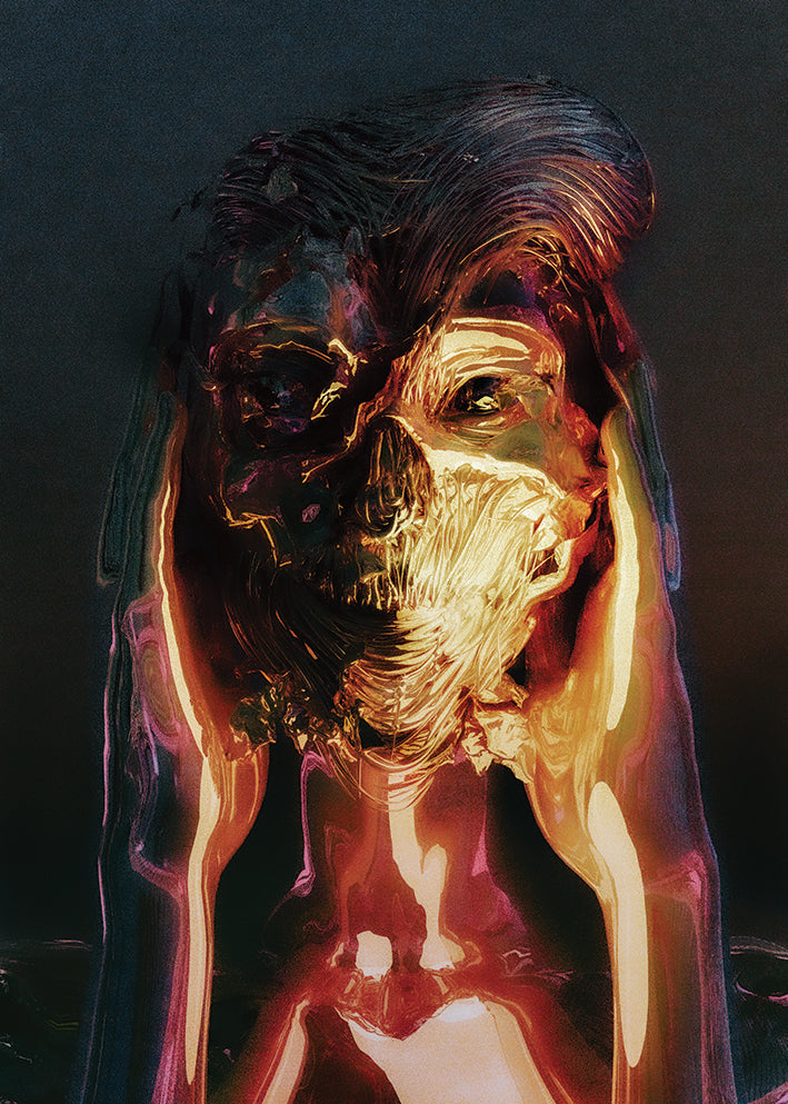 A colorful art poster featuring an abstract, possibly digital, image of a skull with gold and red hues on a dark background.