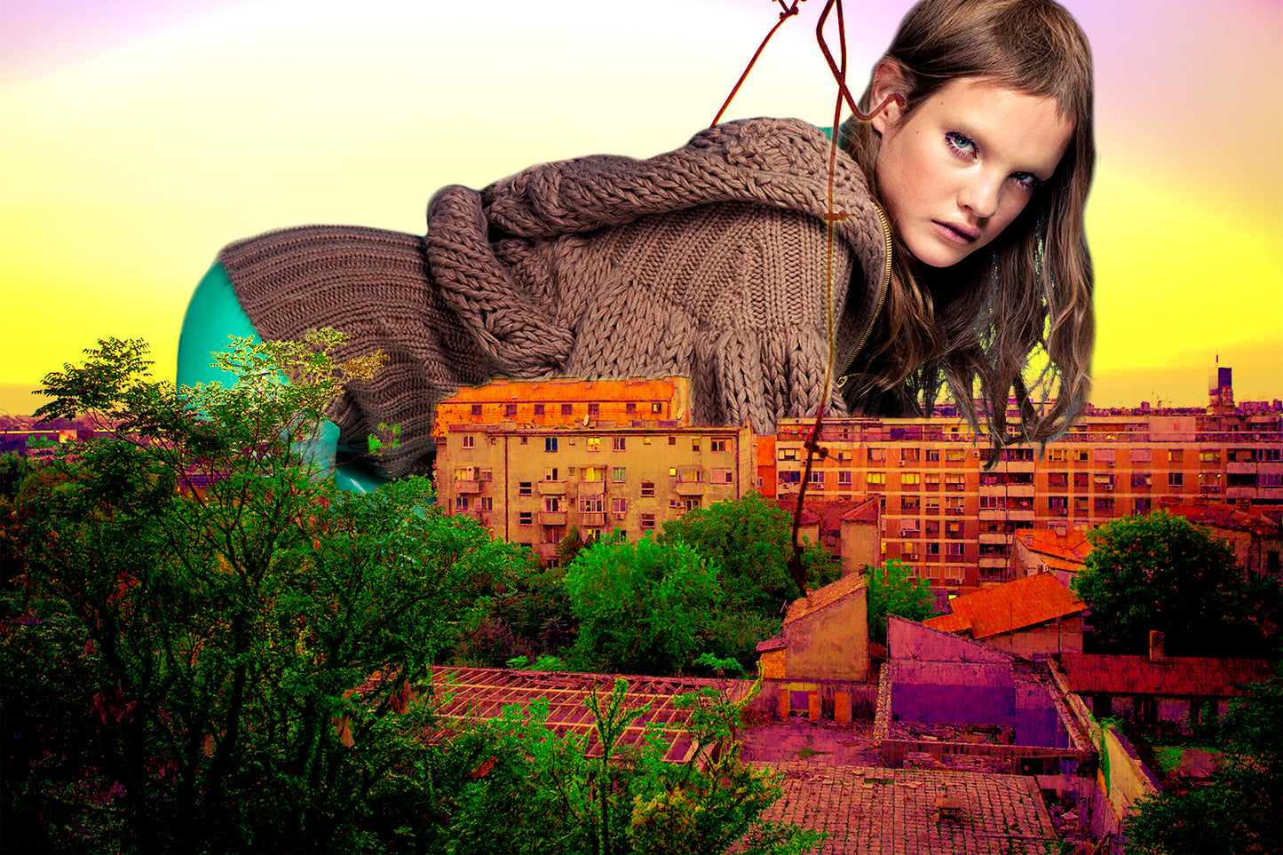 A colorful art poster featuring a stylized woman with a sweater and turban, lying down with her legs raised, against a vibrant cityscape background with a mix of green and yellow hues.