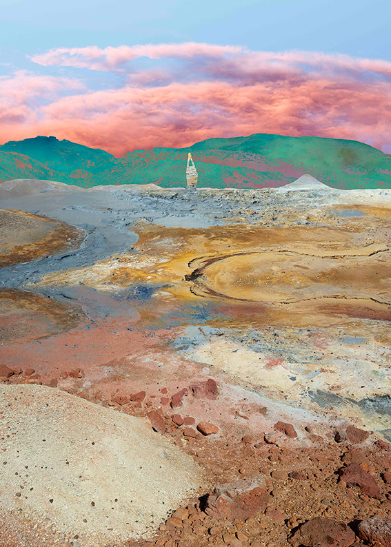A poster featuring a landscape with a vivid pink and orange sky over a serene body of water and hills.