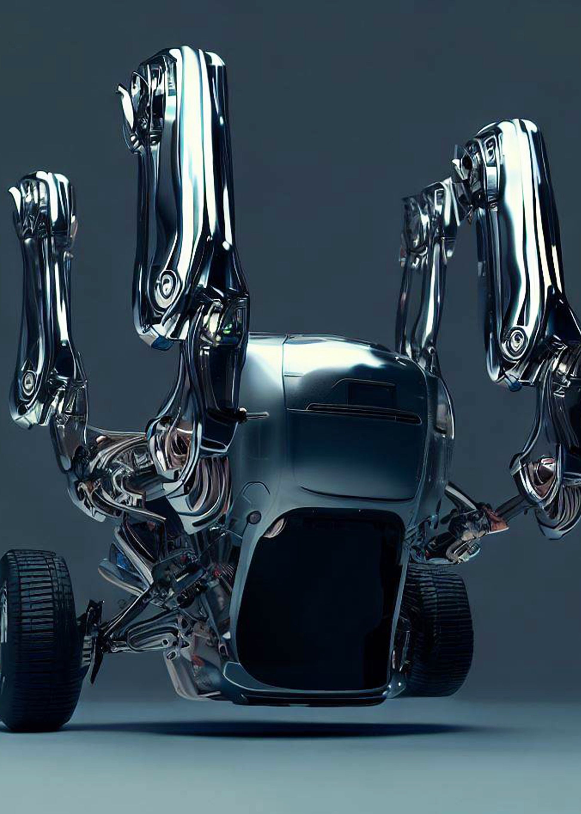 Metallic robot with claw-like arms on a dark background