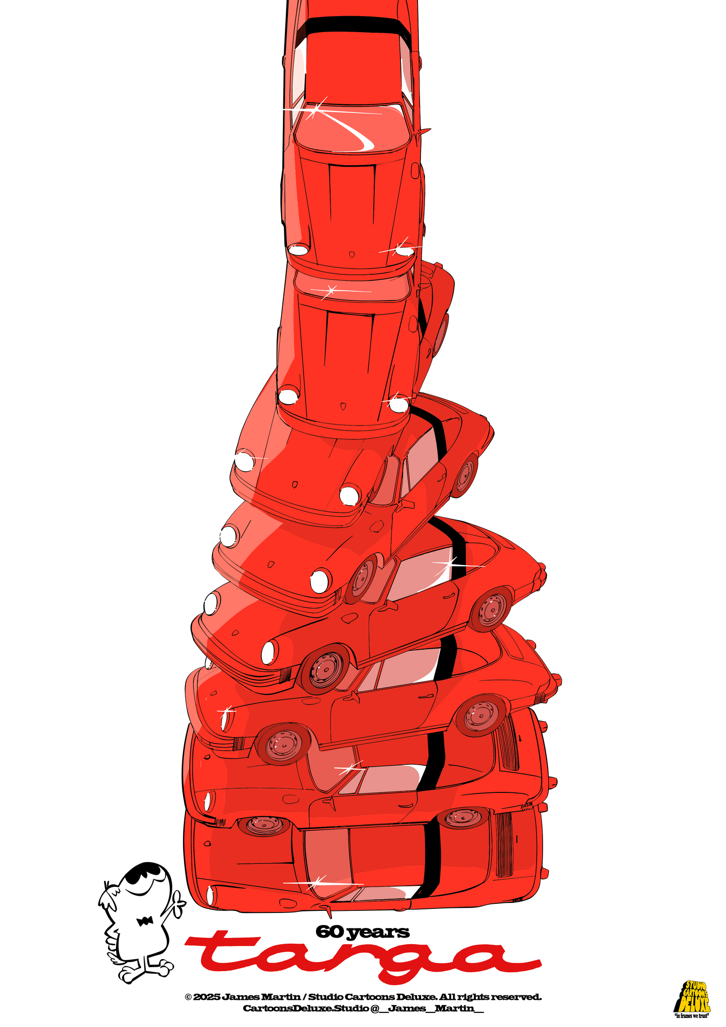 Stack of red cars with '60 years targa' text on a white background