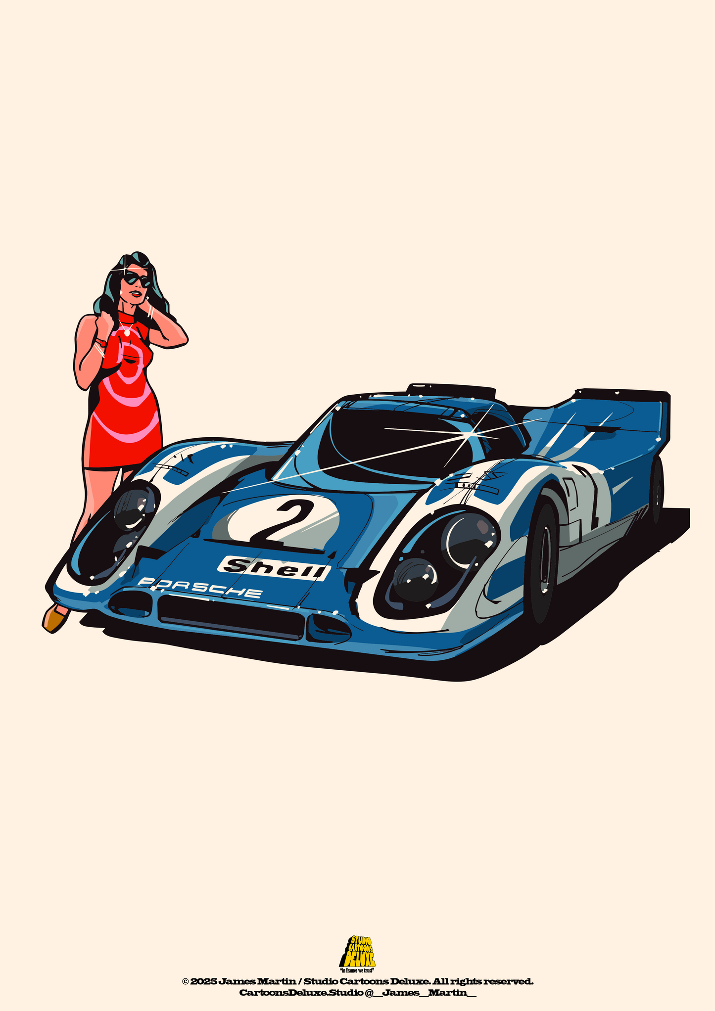 Vintage-style illustration of a Porsche race car with a woman in a red dress on a beige background