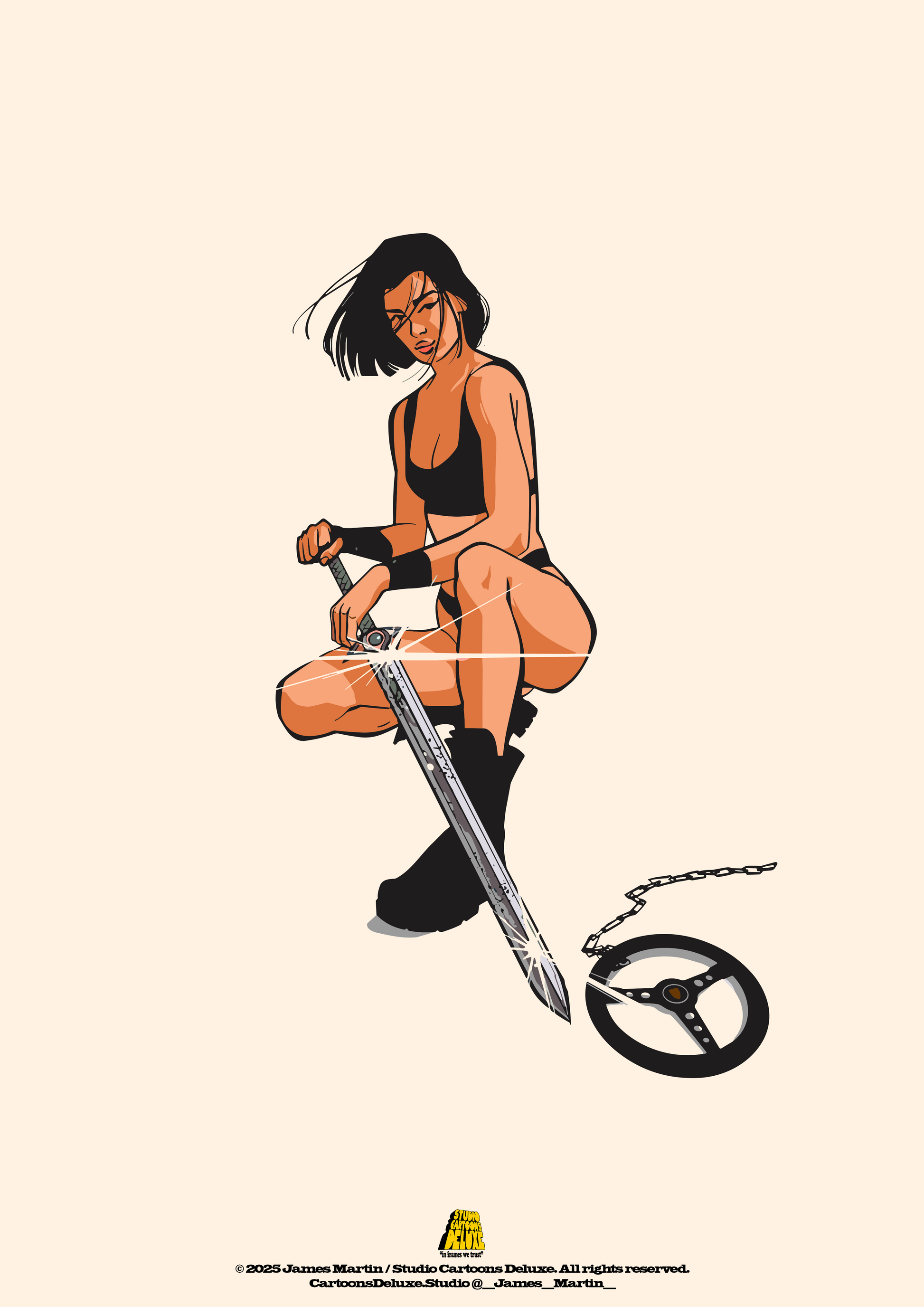 Cartoon character riding a scooter with a chain on a beige background