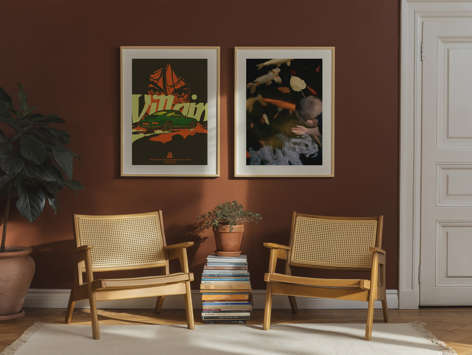 Two wooden armchairs in a room with two framed artworks on the wall.