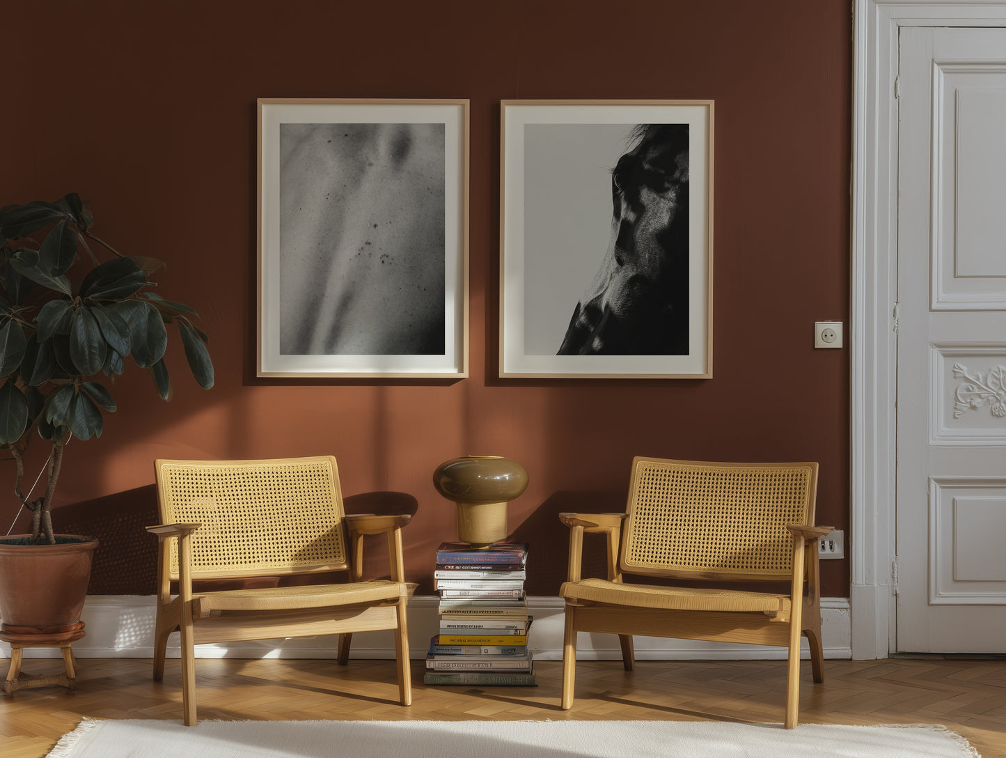 Two wooden armchairs in a room with framed artwork on the wall.