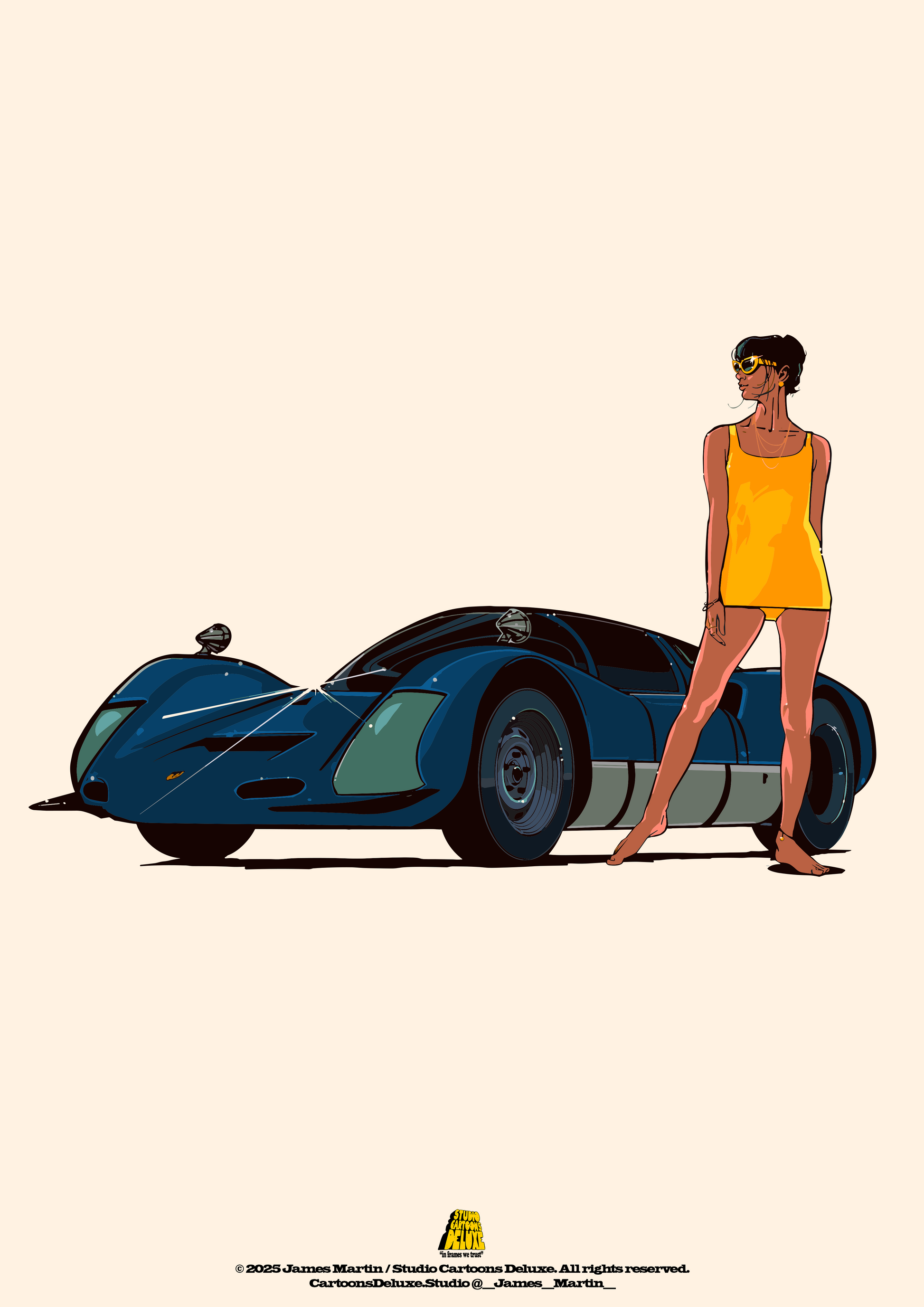 Illustration of a woman in a yellow dress standing next to a blue sports car on a beige background.