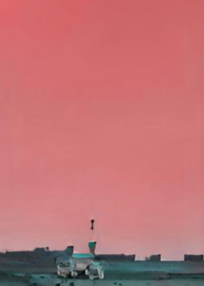 A poster featuring a minimalist design with a pink background and a small, abstract figure in a tent-like structure against a more vivid pink sky.