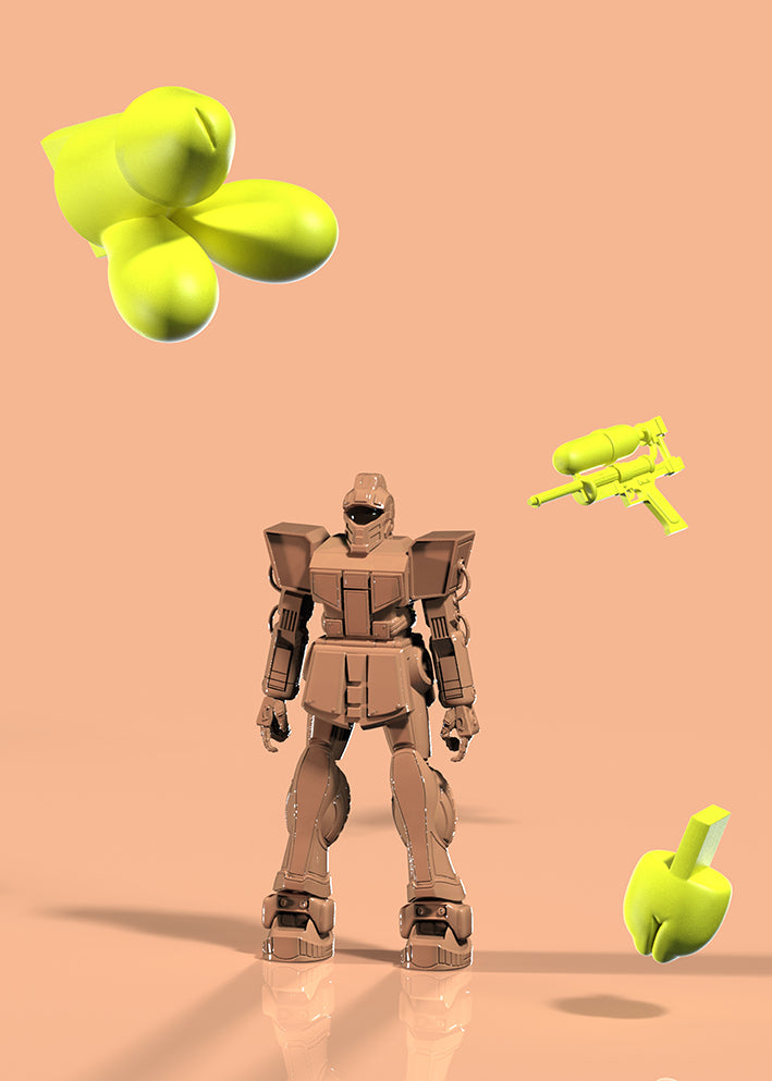 The image depicts a poster featuring a stylized, armored character toy in a futuristic setting, with a vibrant yellow flower-like object hovering nearby. The character, designed in a minimalist style with a metallic finish, stands out against a soft, neutral background.
