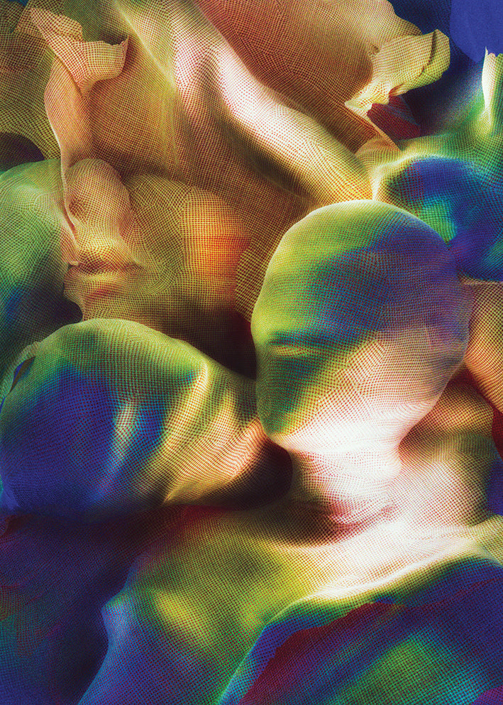 A multicolored abstract art poster featuring a blend of warm and cool tones with a textured, digital art look.