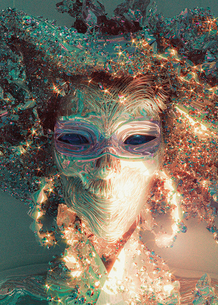 Artistic poster featuring a figure with multiple exposure effects, incorporating various colors and patterns.