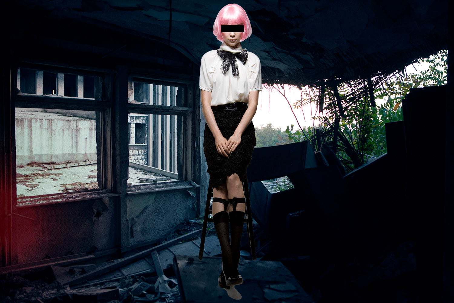 A person with pink hair standing in a dilapidated building, wearing a white shirt, black skirt, and black stockings.