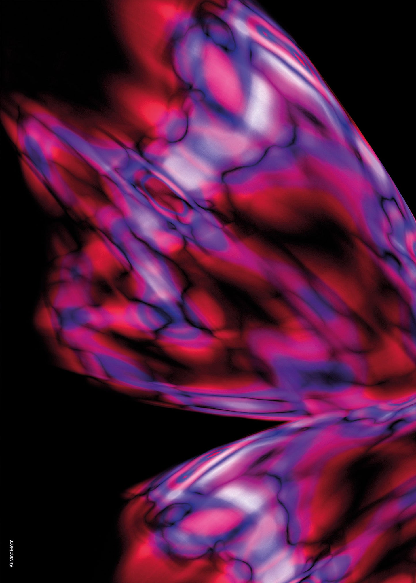 A vibrant, abstract artwork featuring a blend of red and purple hues, with what appears to be butterfly-like patterns.