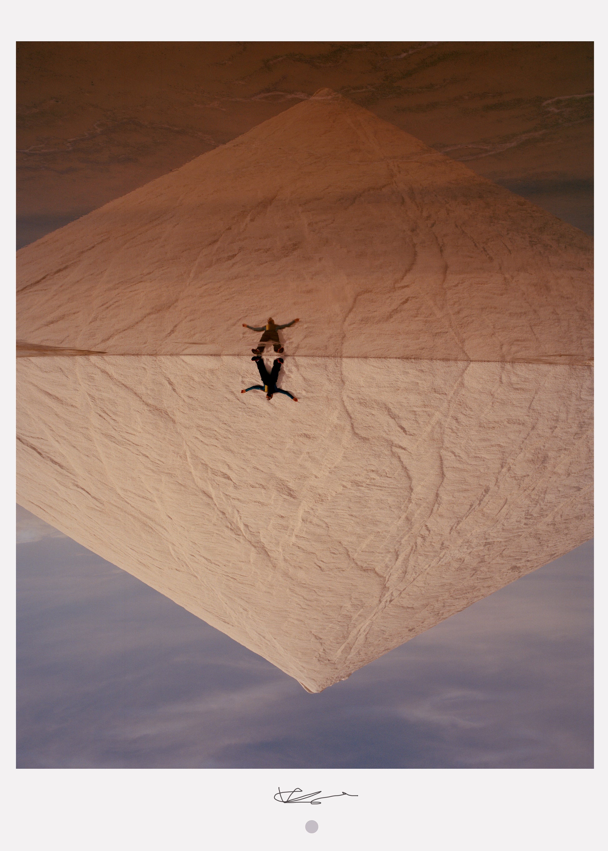 A photograph featuring a surrealistic scene with a figure and a dog in a geometric environment, possibly representing a artistic vision or advertisement.