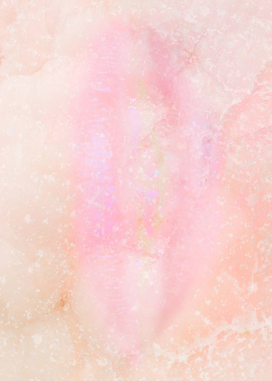 A poster featuring a soft, abstract, and colorful artwork, possibly representing a feminine perspective.