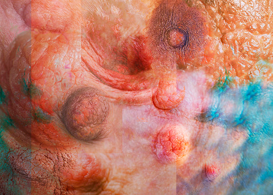 An abstract, colorful artwork featuring a blend of warm and cool tones, with a focus on textured and tactile visual elements.